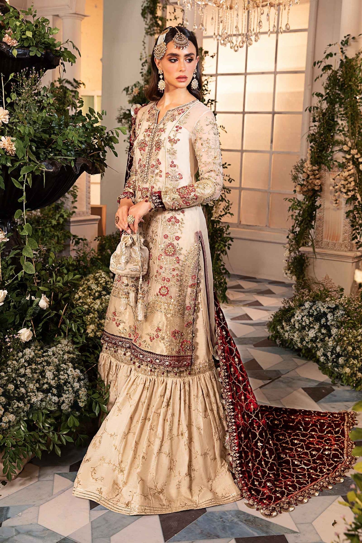 3 Piece Unstitched Embroidered Organza Suit | BD-2905-Ivory and Maroon-Default